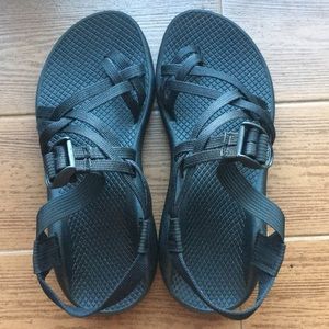 Solid black double toe strapped Chaco Sandals